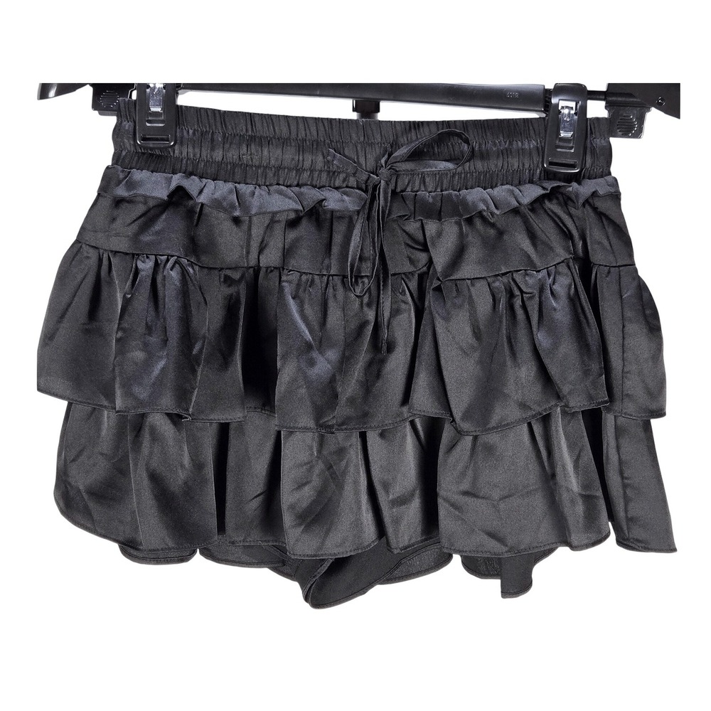 Women's Day + Moon Small Black Satin Ruffled Tiered Mini Skort Whimsigoth